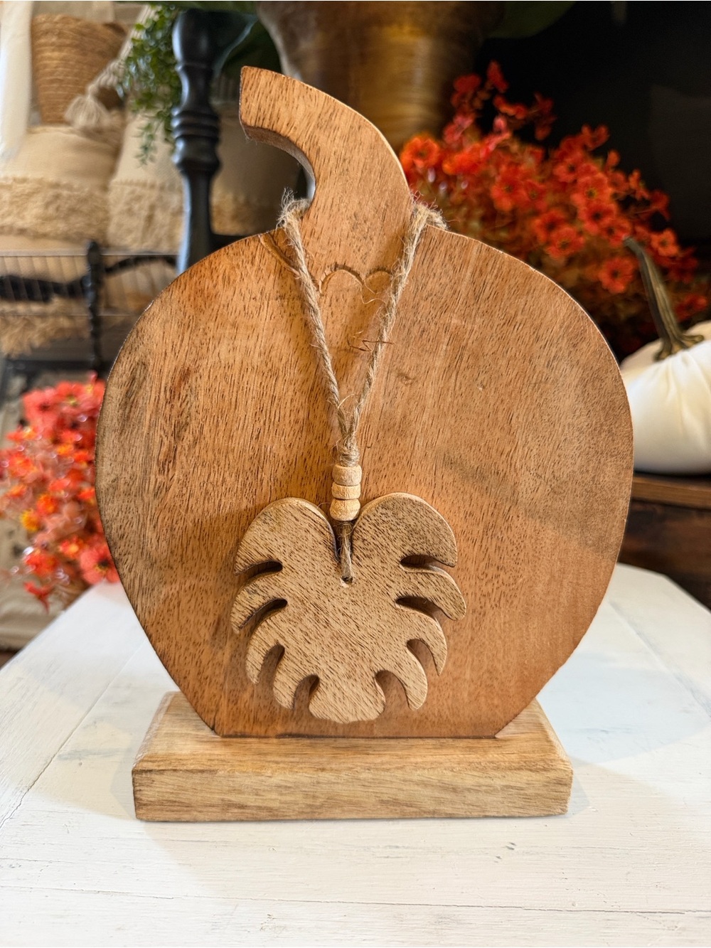 Mango Wood Pumpkin Decor with Carved Leaf Pendant - Natural Brown
